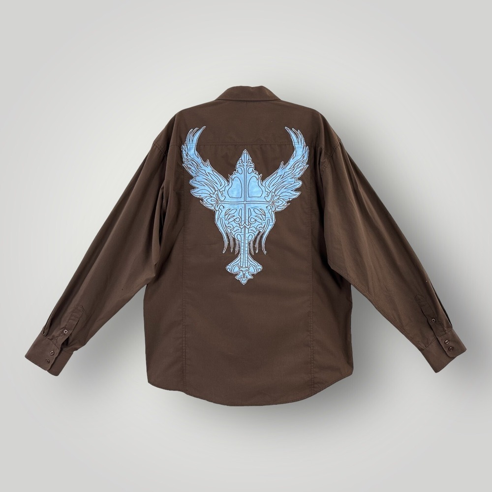 Manzini Cross Wings Shirt Mens‎ 2XL Brown Embroidered Button Up Streetwear